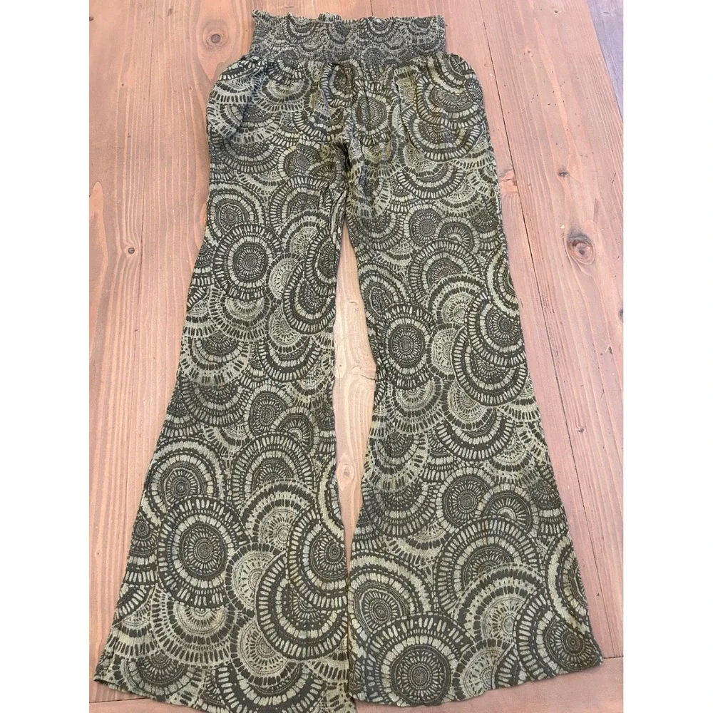 G39 Olive Green Mandala Swirl Wide Leg Smocked Waist Boho Rayon Pants Women S